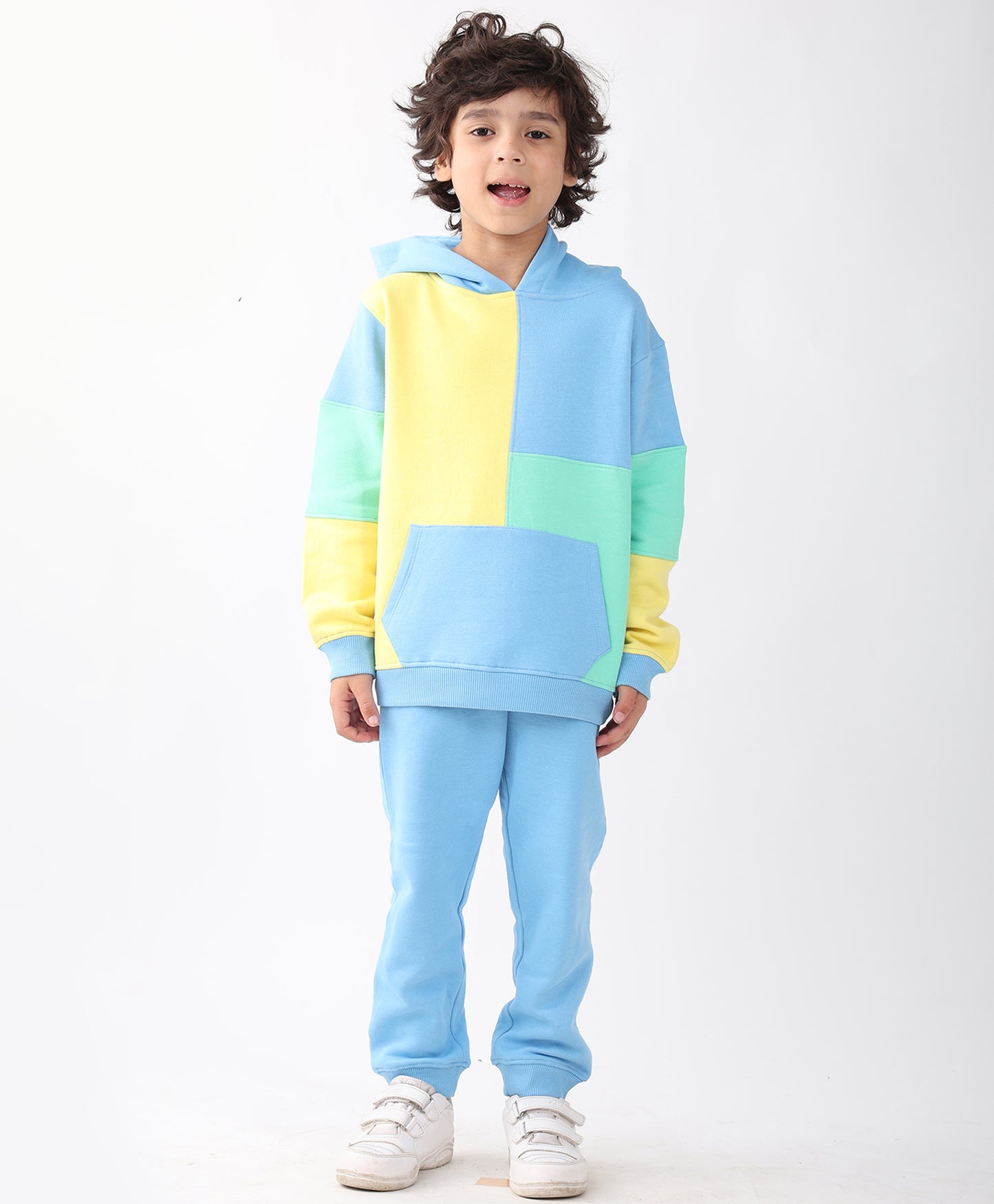 YELLOW SEA GREEN BLUE COLOR BLOCK HOODIE JOGGER SET - YELLOW SEA GREEN