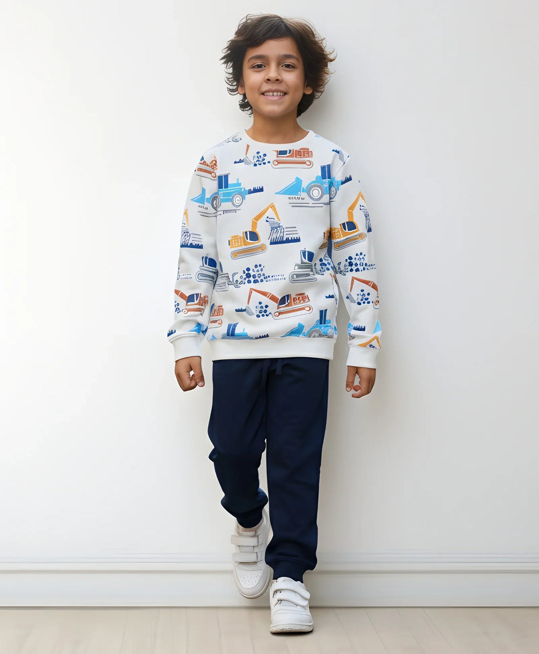 DIGGER PRINT BOYS FLEECE SWEATSHIRT NAVY JOGGER SET - OFF WHITE/NAVY - Anthrilo 