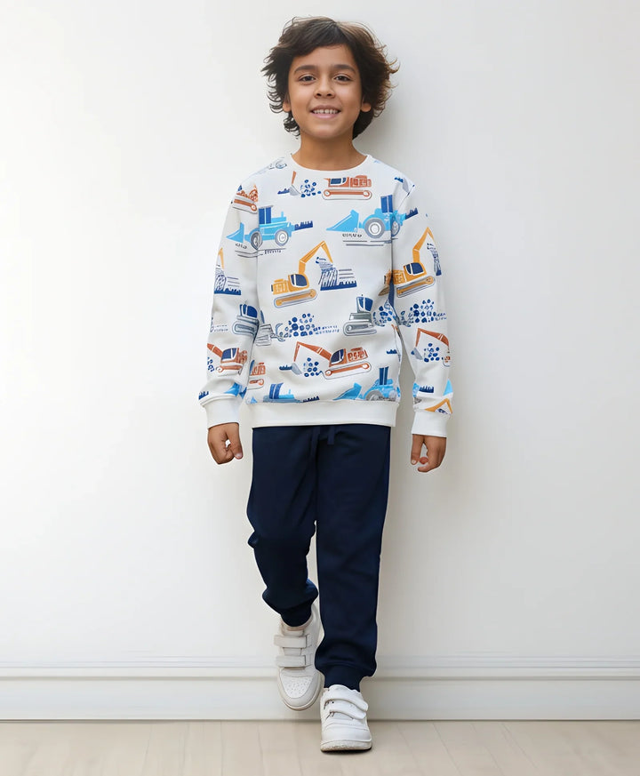 DIGGER PRINT BOYS FLEECE SWEATSHIRT NAVY JOGGER SET - OFF WHITE/NAVY - Anthrilo 