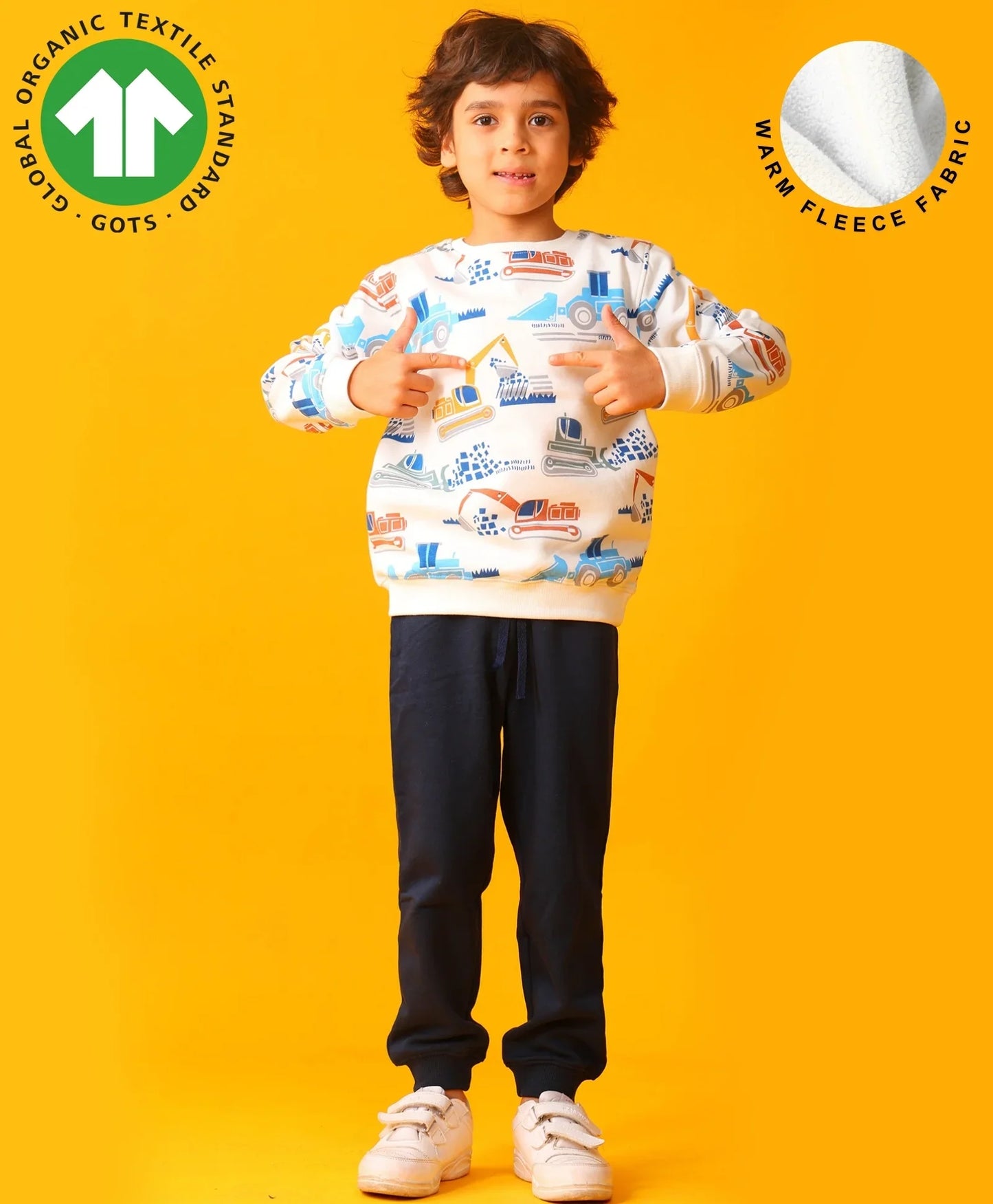 DIGGER PRINT BOYS FLEECE SWEATSHIRT NAVY JOGGER SET - OFF WHITE/NAVY