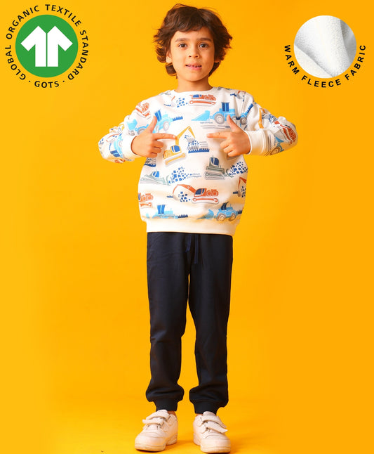 DIGGER PRINT BOYS FLEECE SWEATSHIRT NAVY JOGGER SET - OFF WHITE/NAVY