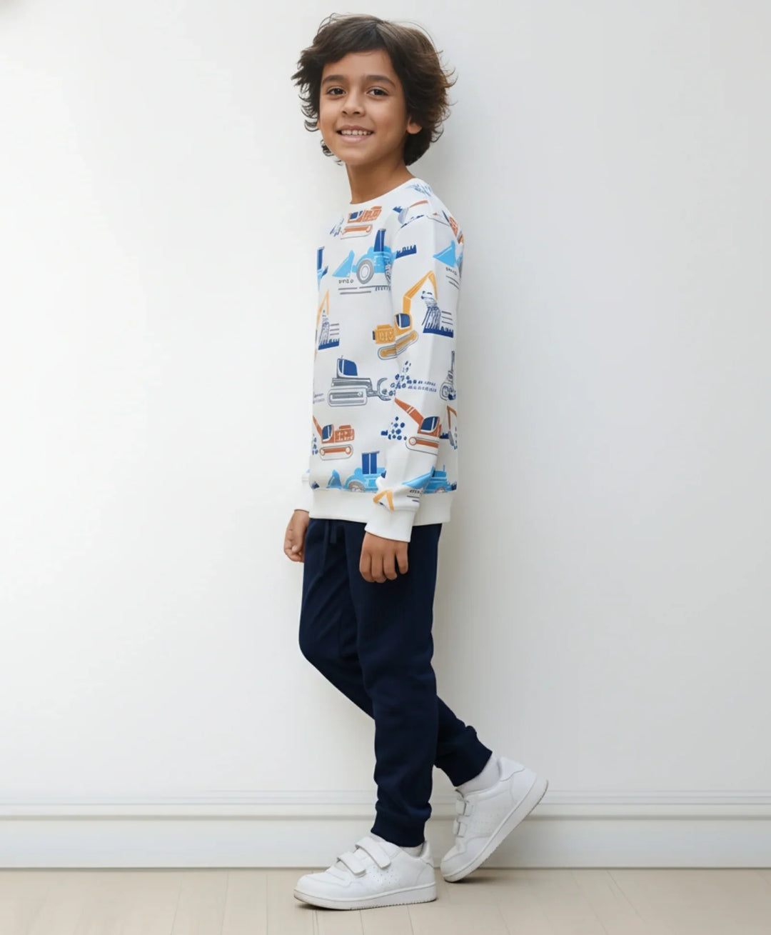 DIGGER PRINT BOYS FLEECE SWEATSHIRT NAVY JOGGER SET - OFF WHITE/NAVY - Anthrilo 