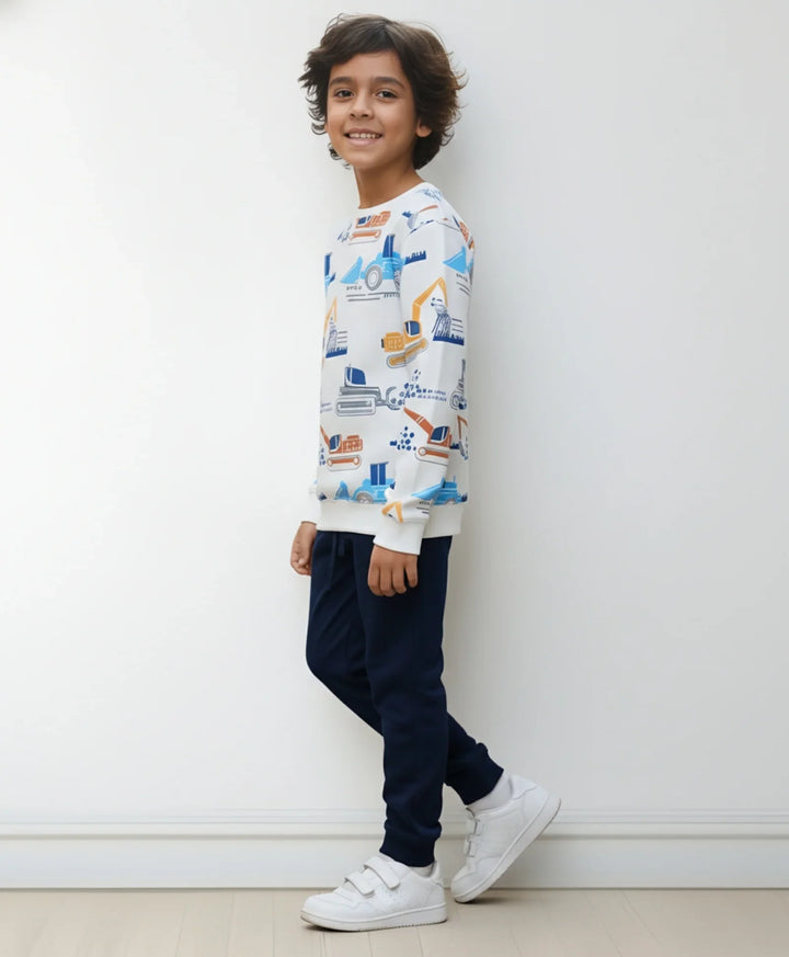 DIGGER PRINT BOYS FLEECE SWEATSHIRT NAVY JOGGER SET - OFF WHITE/NAVY - Anthrilo 