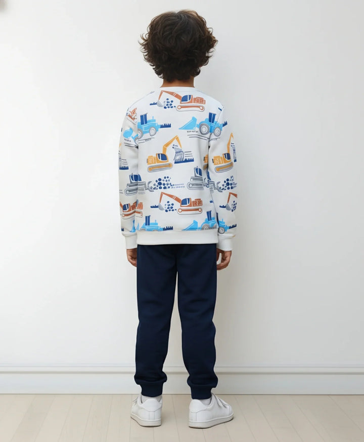 DIGGER PRINT BOYS FLEECE SWEATSHIRT NAVY JOGGER SET - OFF WHITE/NAVY - Anthrilo 