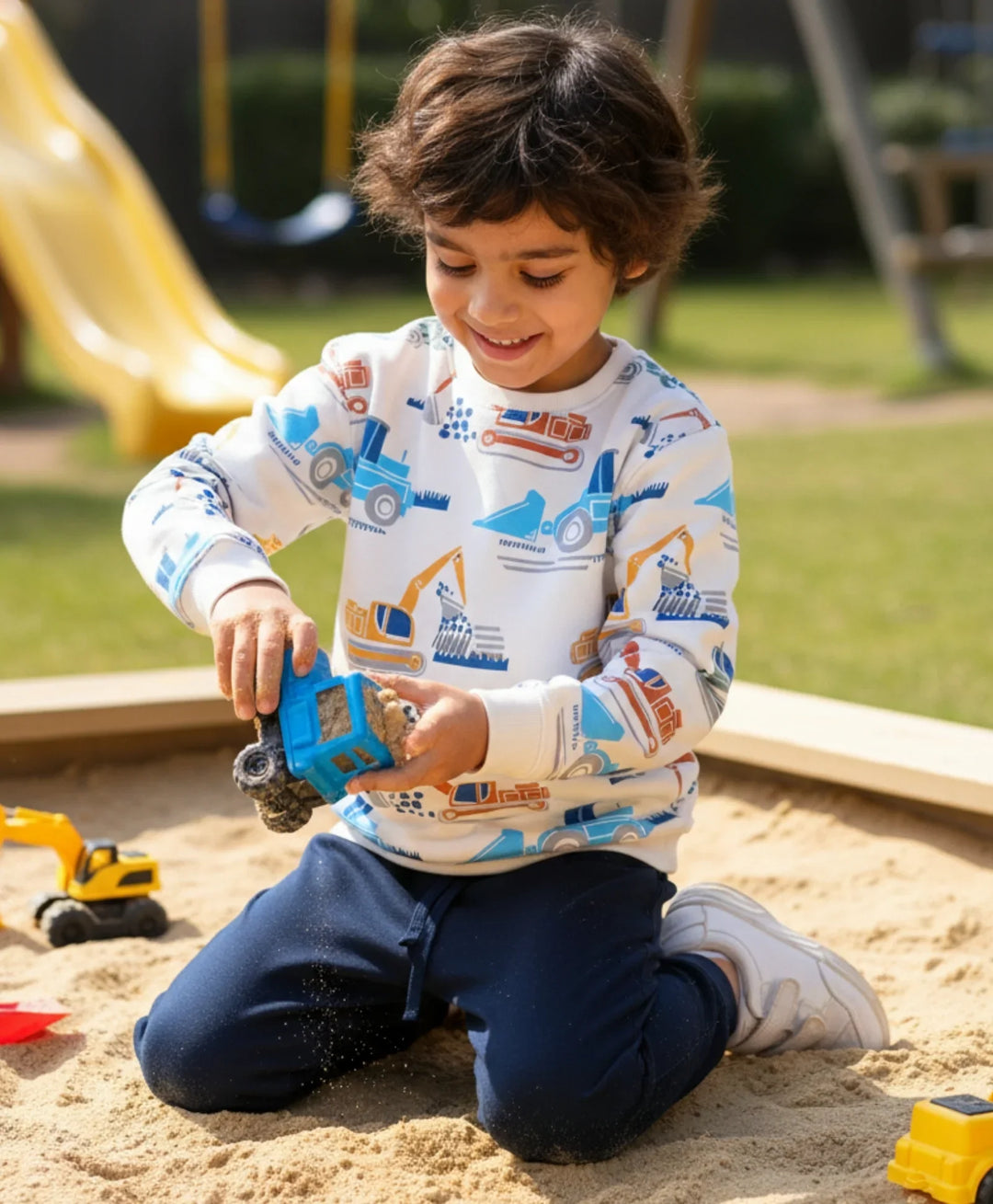 DIGGER PRINT BOYS FLEECE SWEATSHIRT NAVY JOGGER SET - OFF WHITE/NAVY - Anthrilo 