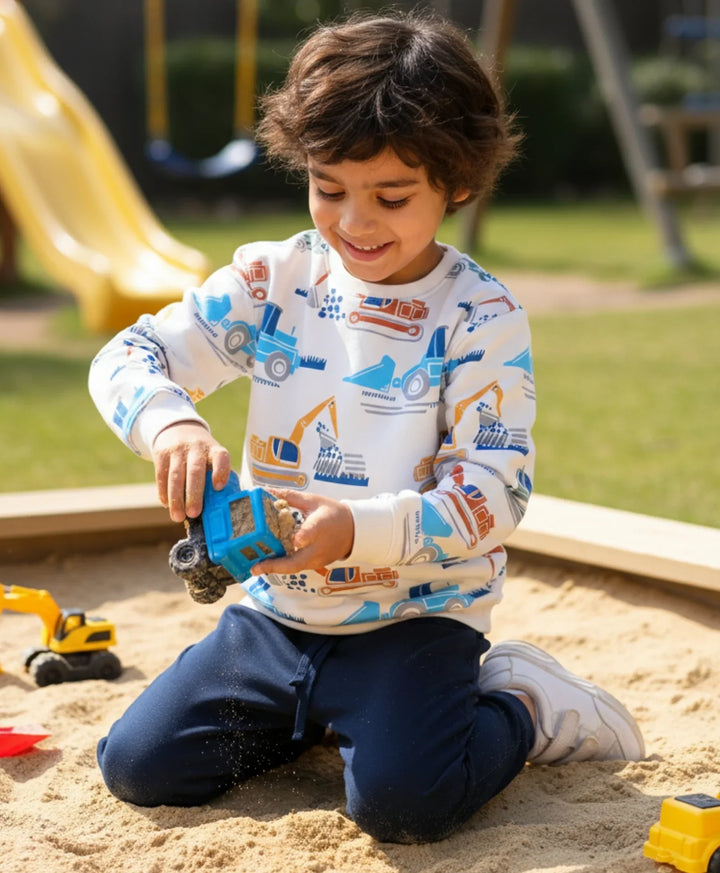 DIGGER PRINT BOYS FLEECE SWEATSHIRT NAVY JOGGER SET - OFF WHITE/NAVY - Anthrilo 