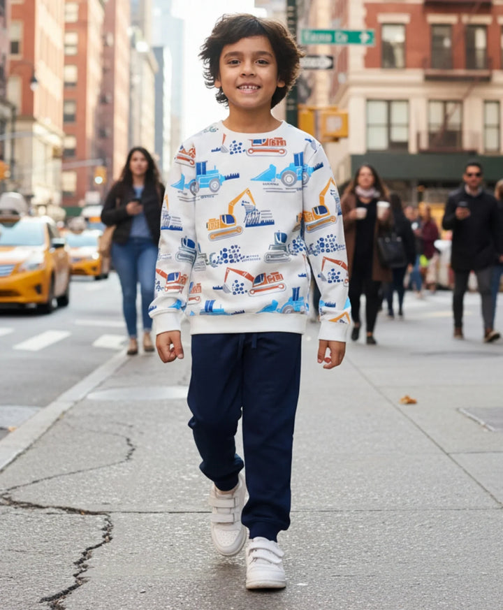 DIGGER PRINT BOYS FLEECE SWEATSHIRT NAVY JOGGER SET - OFF WHITE/NAVY - Anthrilo 
