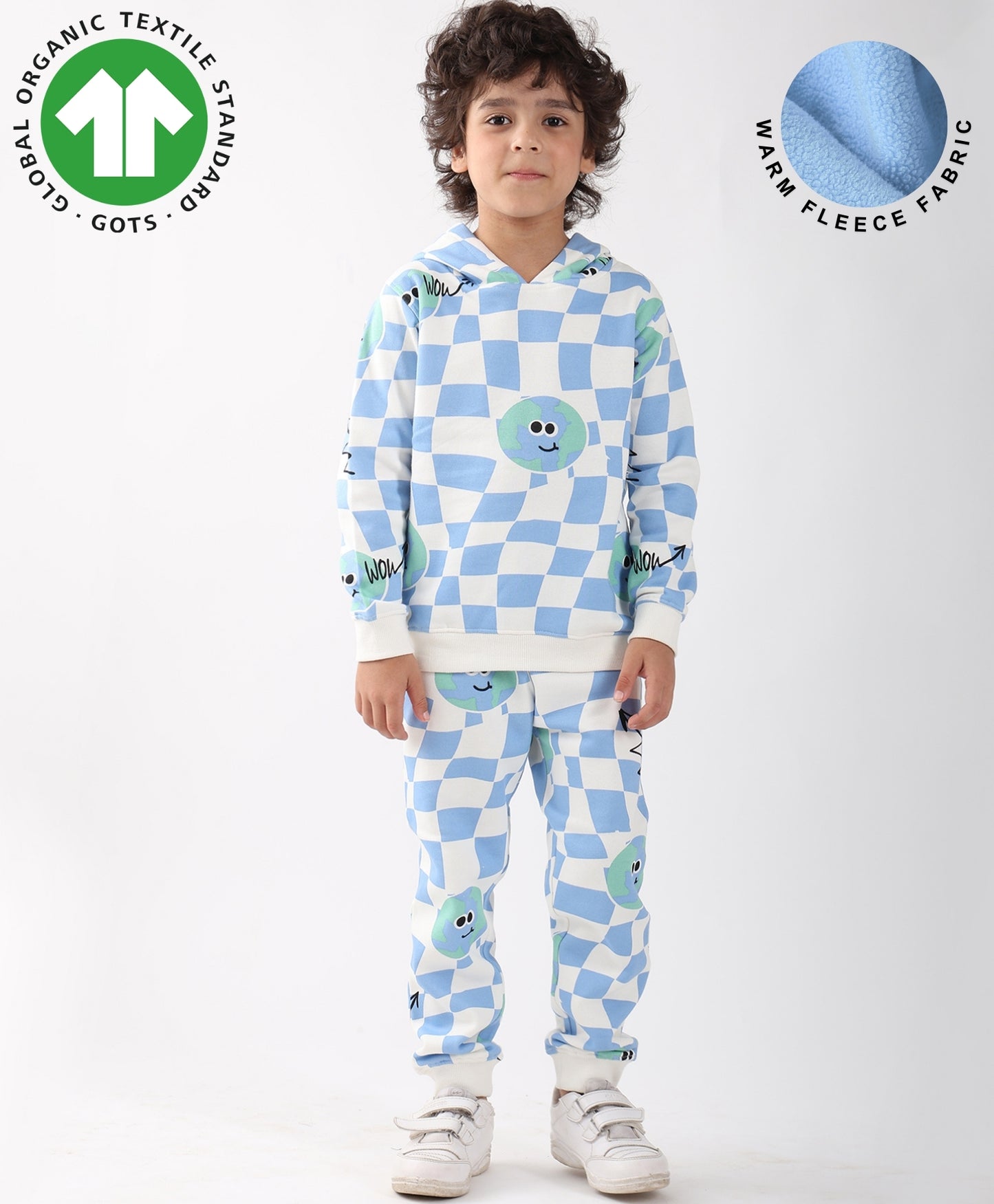 GLOBE CHECK FLEECE BOYS HOODIE JOGGER SET - OFF WHITE