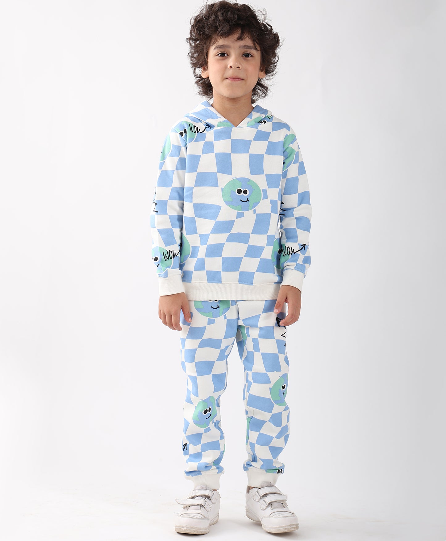 GLOBE CHECK FLEECE BOYS HOODIE JOGGER SET - OFF WHITE