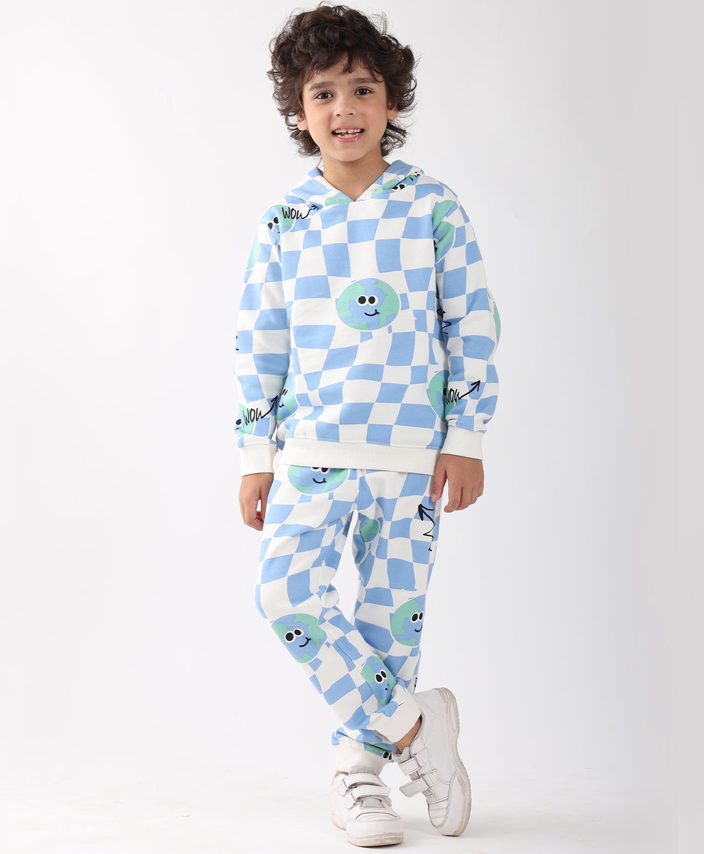 GLOBE CHECK FLEECE BOYS HOODIE JOGGER SET - OFF WHITE
