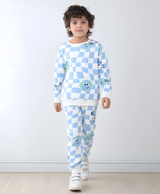 GLOBE CHECK FLEECE BOYS SWEATSHIRT JOGGER SET - OFF WHITE