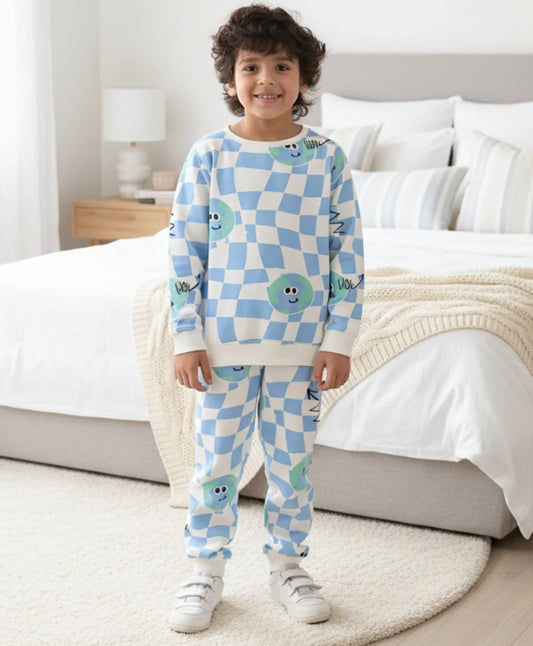 GLOBE CHECK FLEECE BOYS SWEATSHIRT JOGGER SET - OFF WHITE