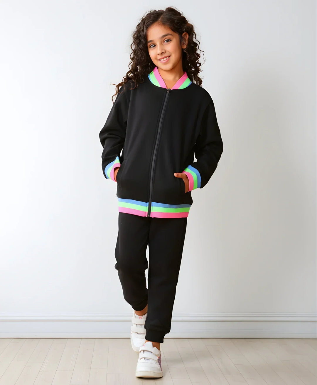 BLACK NEON RIB ZIPPER GIRLS FLEECE SWEATSHIRT JOGGER SET - BLACK - Anthrilo 