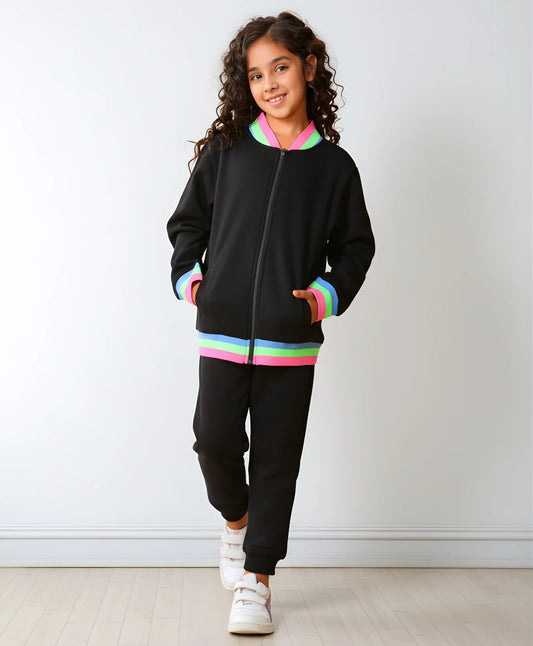 BLACK NEON RIB ZIPPER GIRLS FLEECE SWEATSHIRT JOGGER SET - BLACK