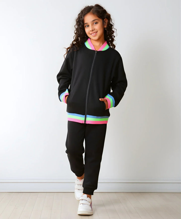BLACK NEON RIB ZIPPER GIRLS FLEECE SWEATSHIRT JOGGER SET - BLACK - Anthrilo 