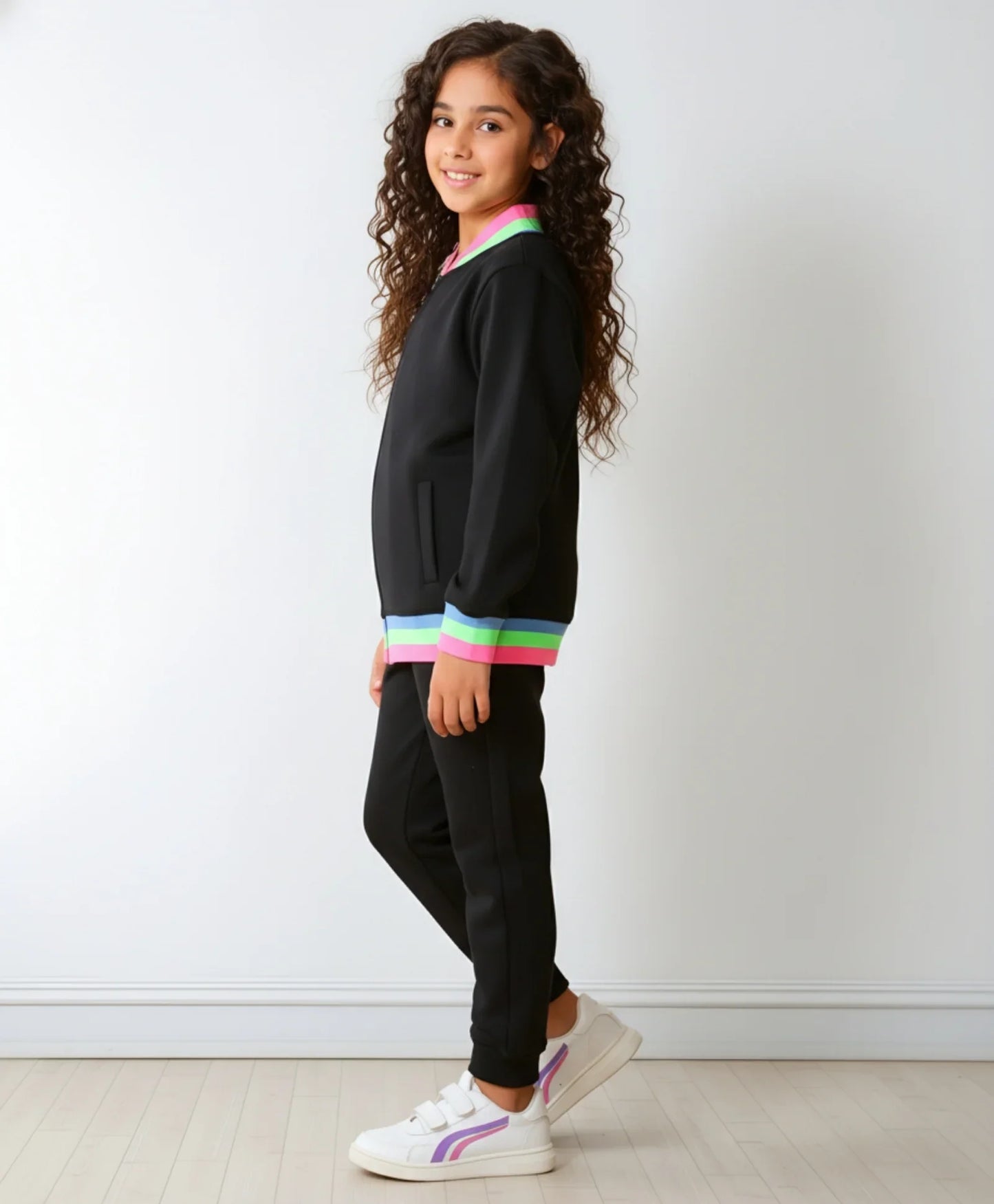 BLACK NEON RIB ZIPPER GIRLS FLEECE SWEATSHIRT JOGGER SET - BLACK