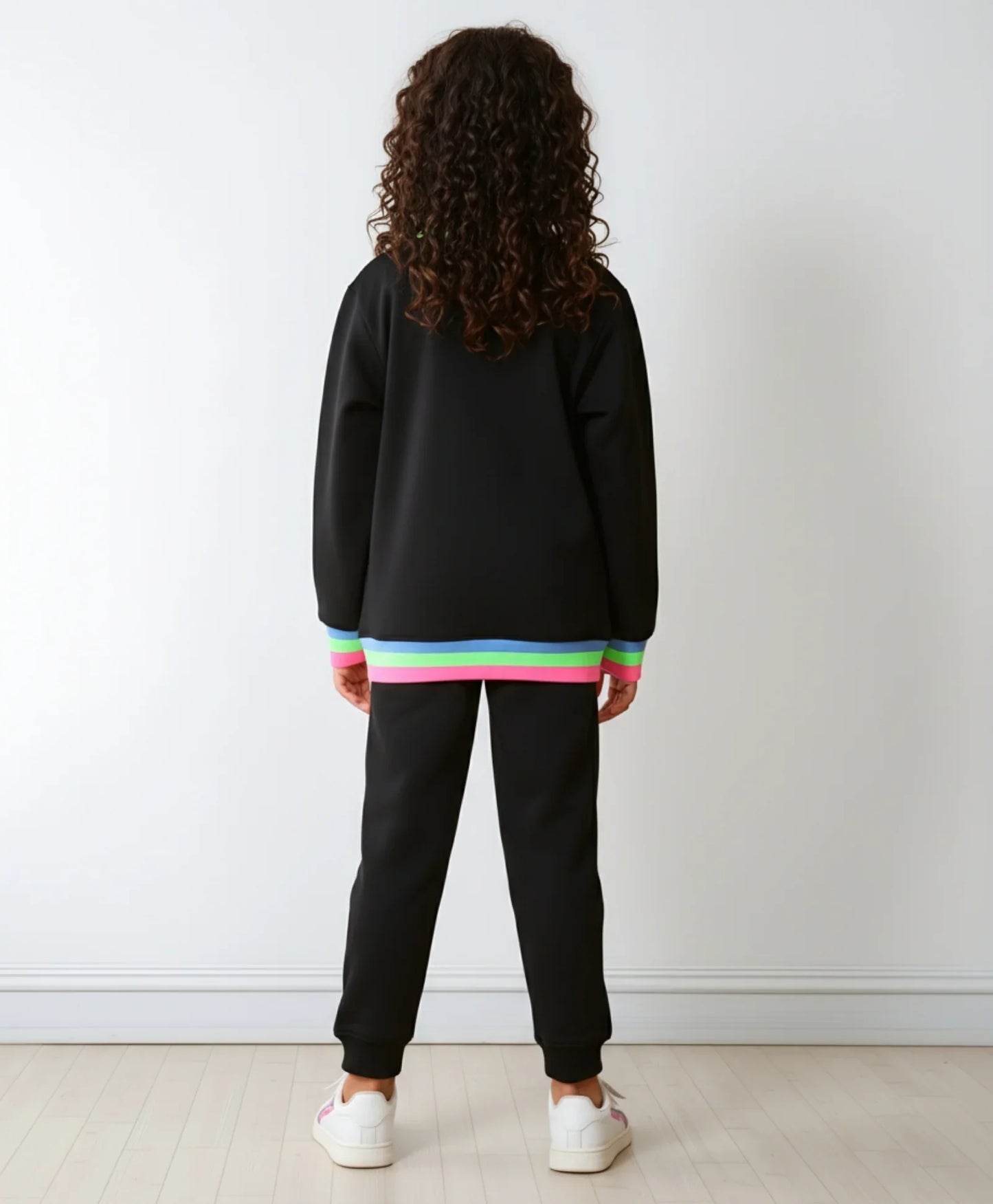BLACK NEON RIB ZIPPER GIRLS FLEECE SWEATSHIRT JOGGER SET - BLACK