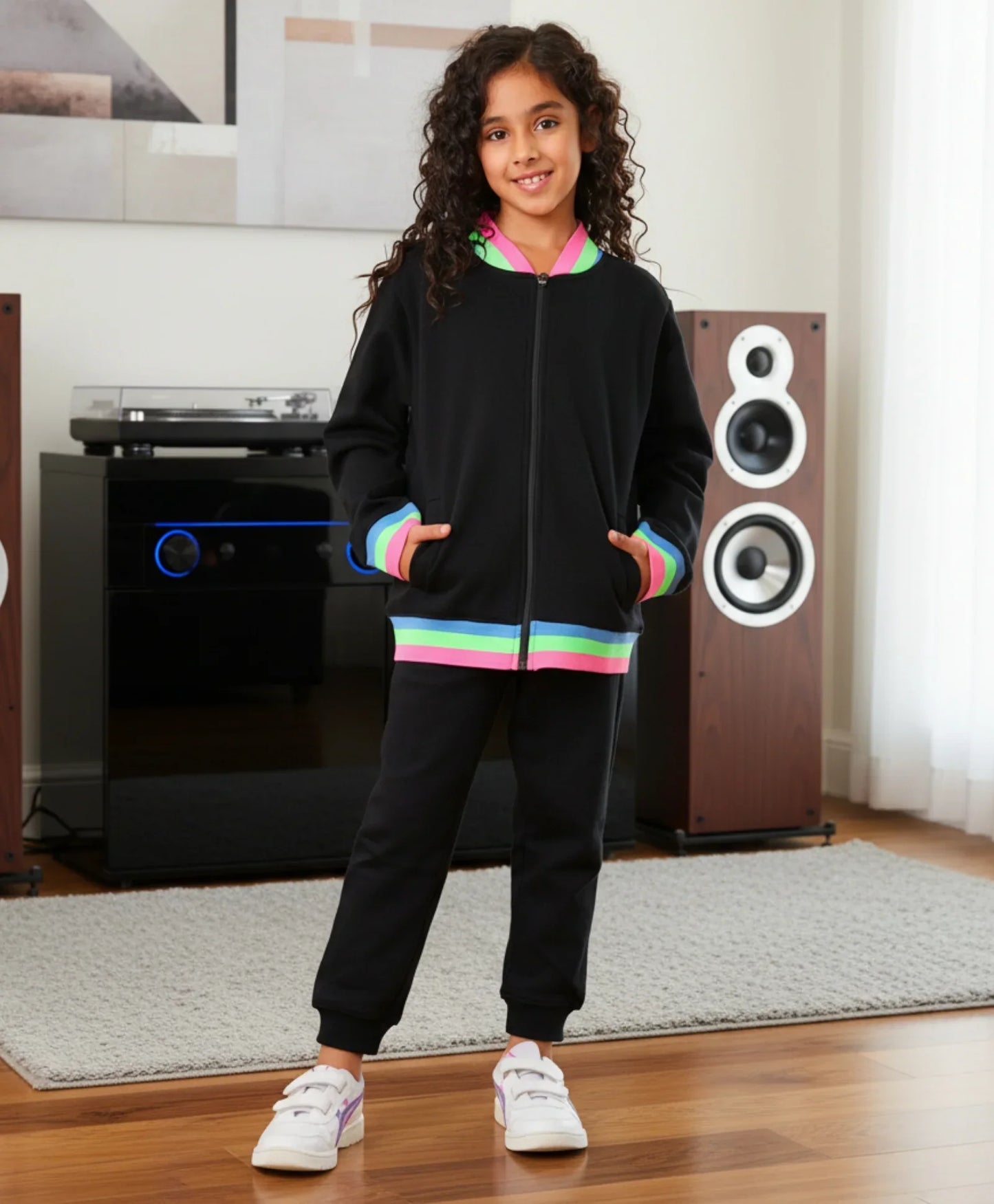 BLACK NEON RIB ZIPPER GIRLS FLEECE SWEATSHIRT JOGGER SET - BLACK