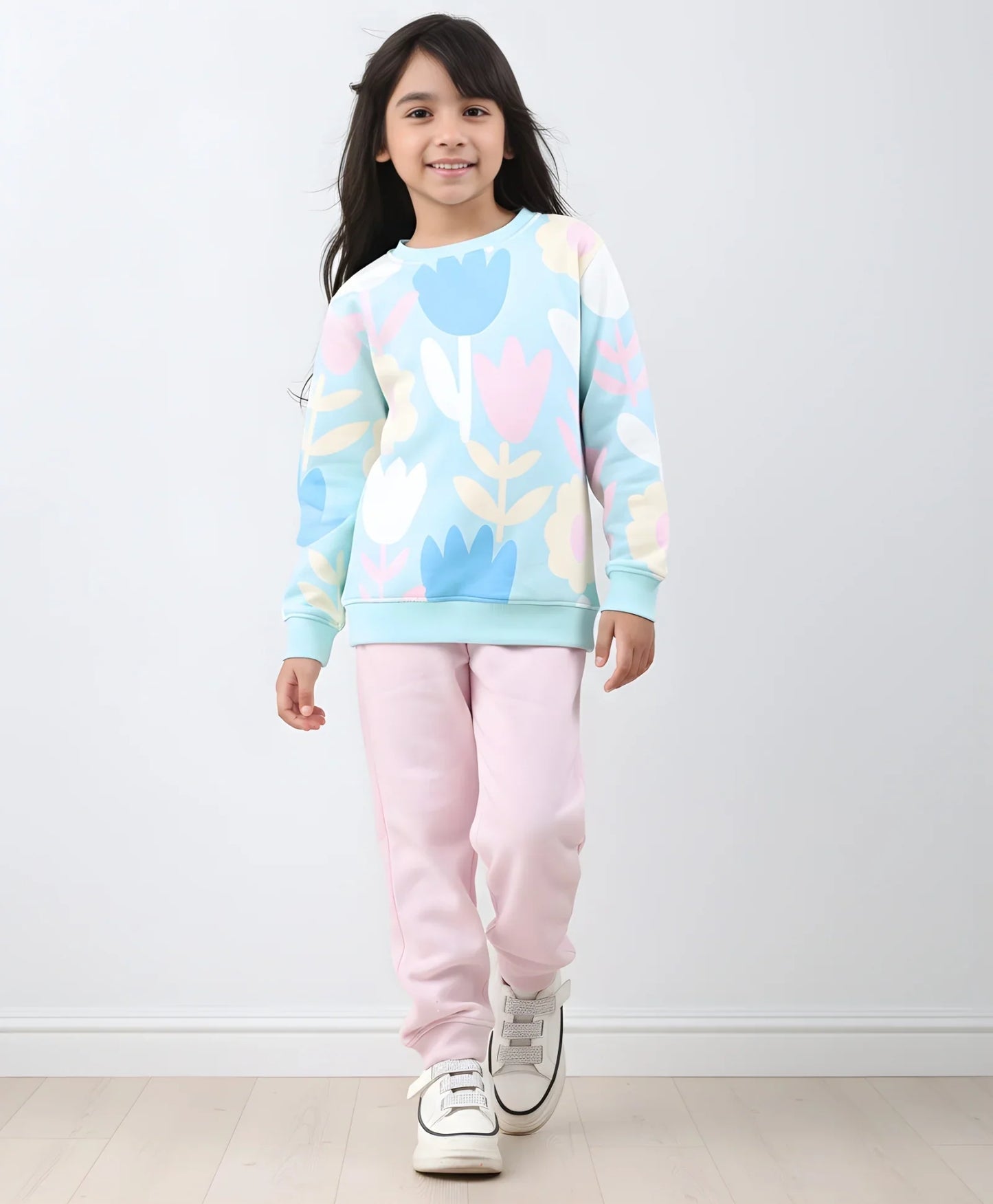 AQUA FLOWER GIRLS SWEATSHIRT PINK FLEECE JOGGER SET - AQUA/PINK