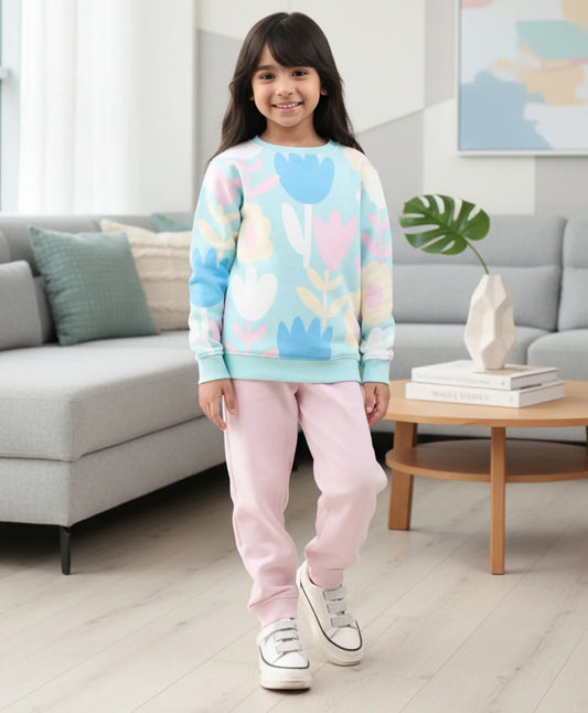 AQUA FLOWER GIRLS SWEATSHIRT PINK FLEECE JOGGER SET - AQUA/PINK