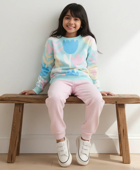 AQUA FLOWER GIRLS SWEATSHIRT PINK FLEECE JOGGER SET - AQUA/PINK
