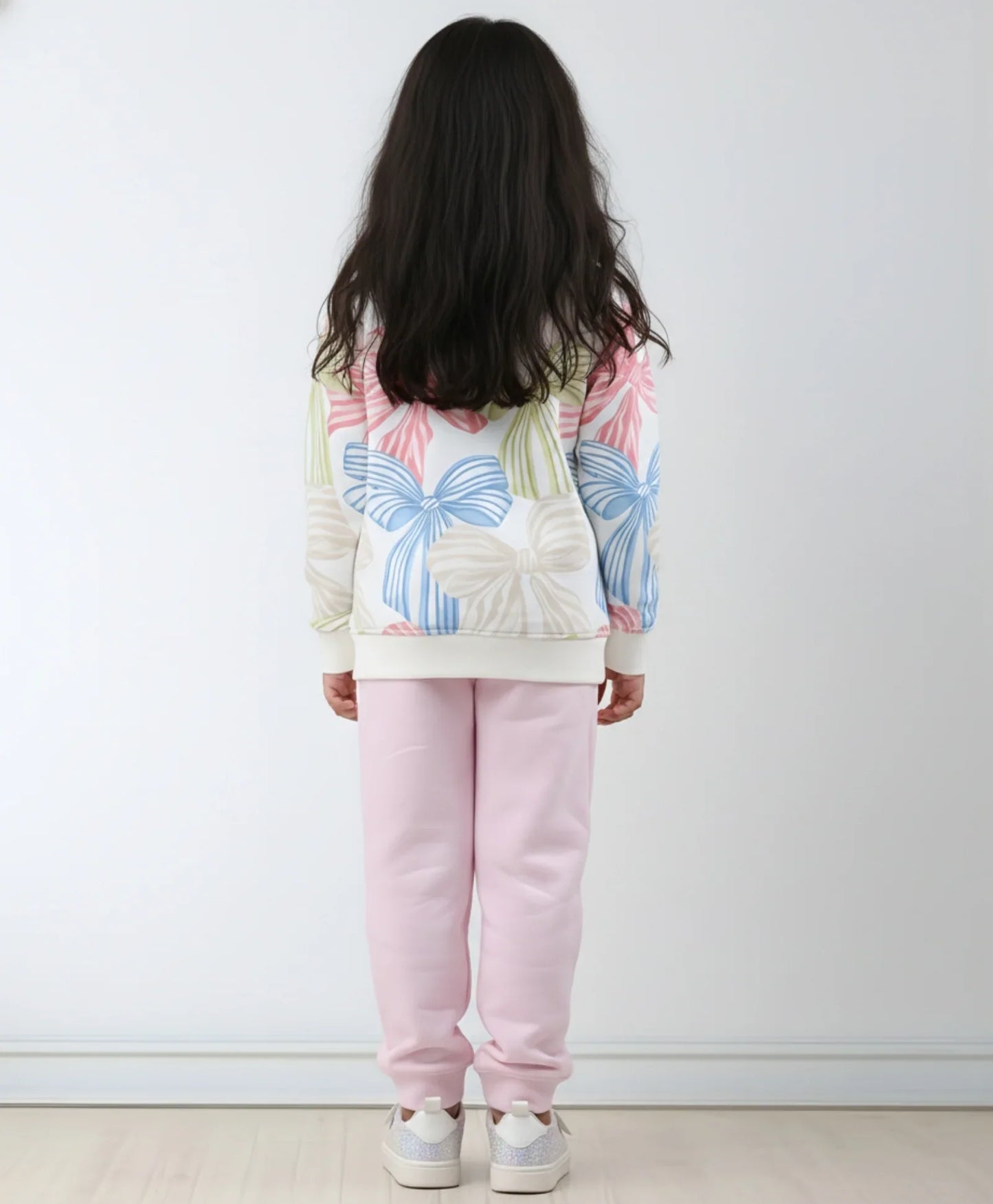PAINTED BOW GIRLS SWEATSHIRT PINK FLEECE JOGGER SET - WHITE/PINK