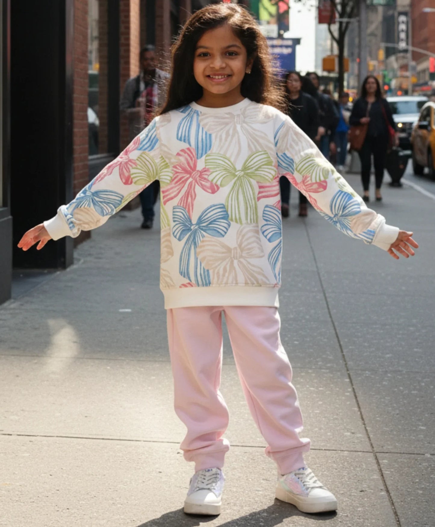 PAINTED BOW GIRLS SWEATSHIRT PINK FLEECE JOGGER SET - WHITE/PINK