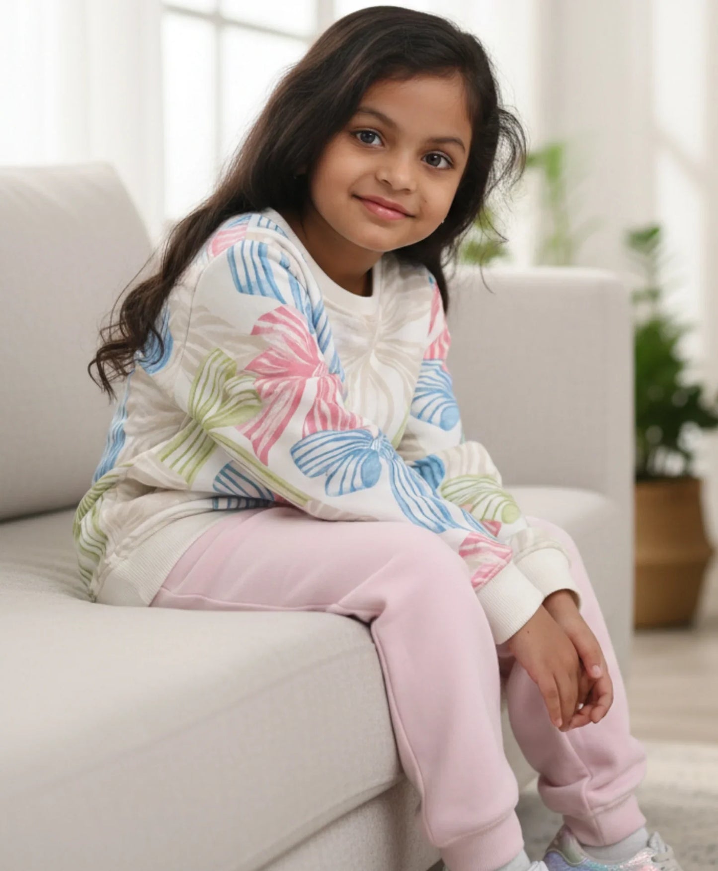 PAINTED BOW GIRLS SWEATSHIRT PINK FLEECE JOGGER SET - WHITE/PINK