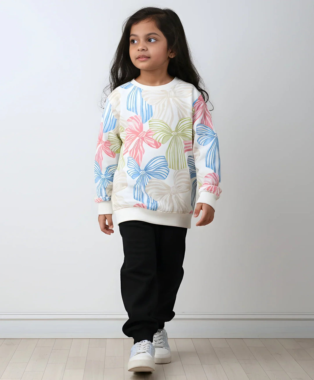 PAINTED BOW GIRLS FLEECE SWEATSHIRT BLACK JOGGER SET - WHITE/BLACK - Anthrilo 