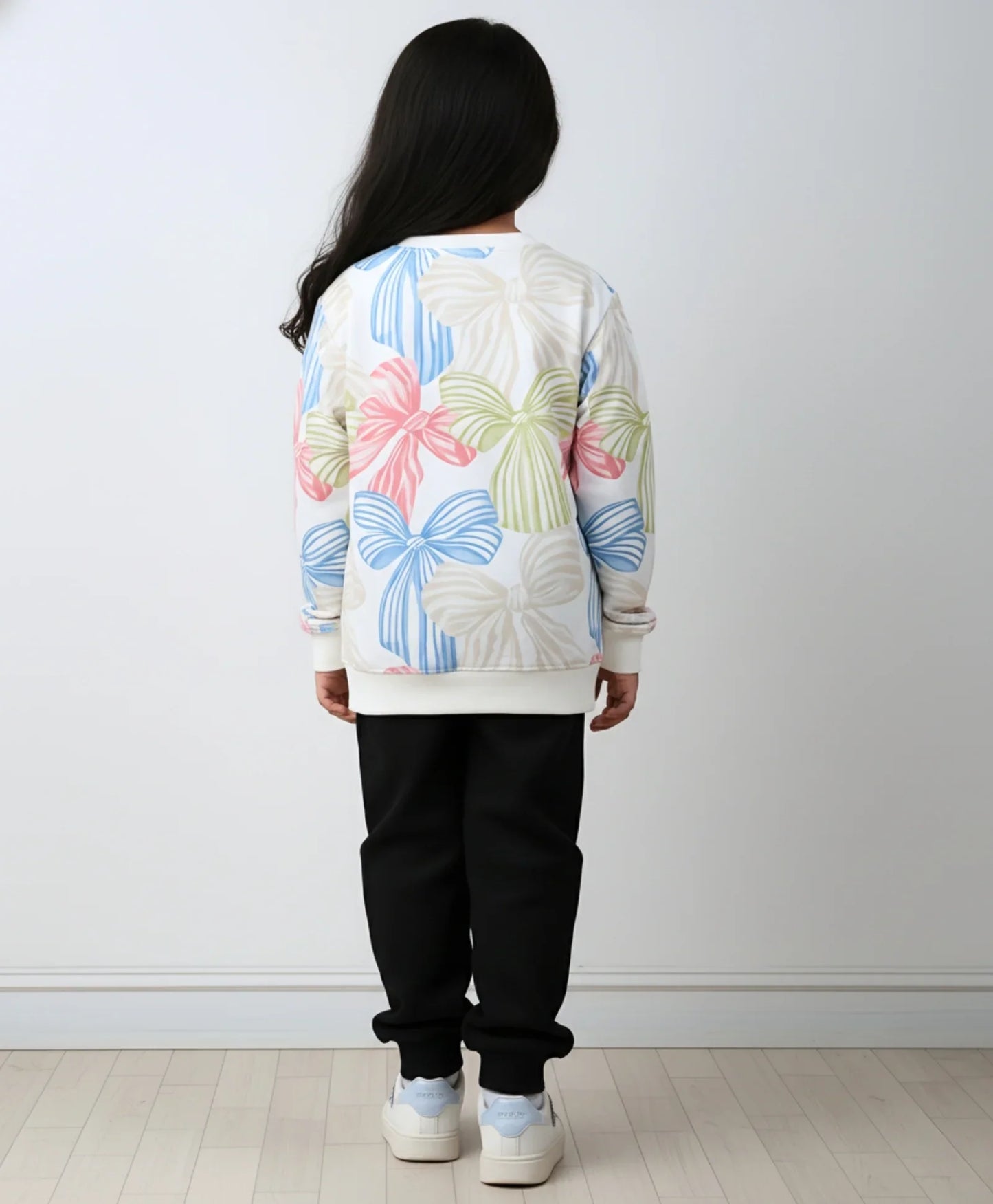 PAINTED BOW GIRLS FLEECE SWEATSHIRT BLACK JOGGER SET - WHITE/BLACK