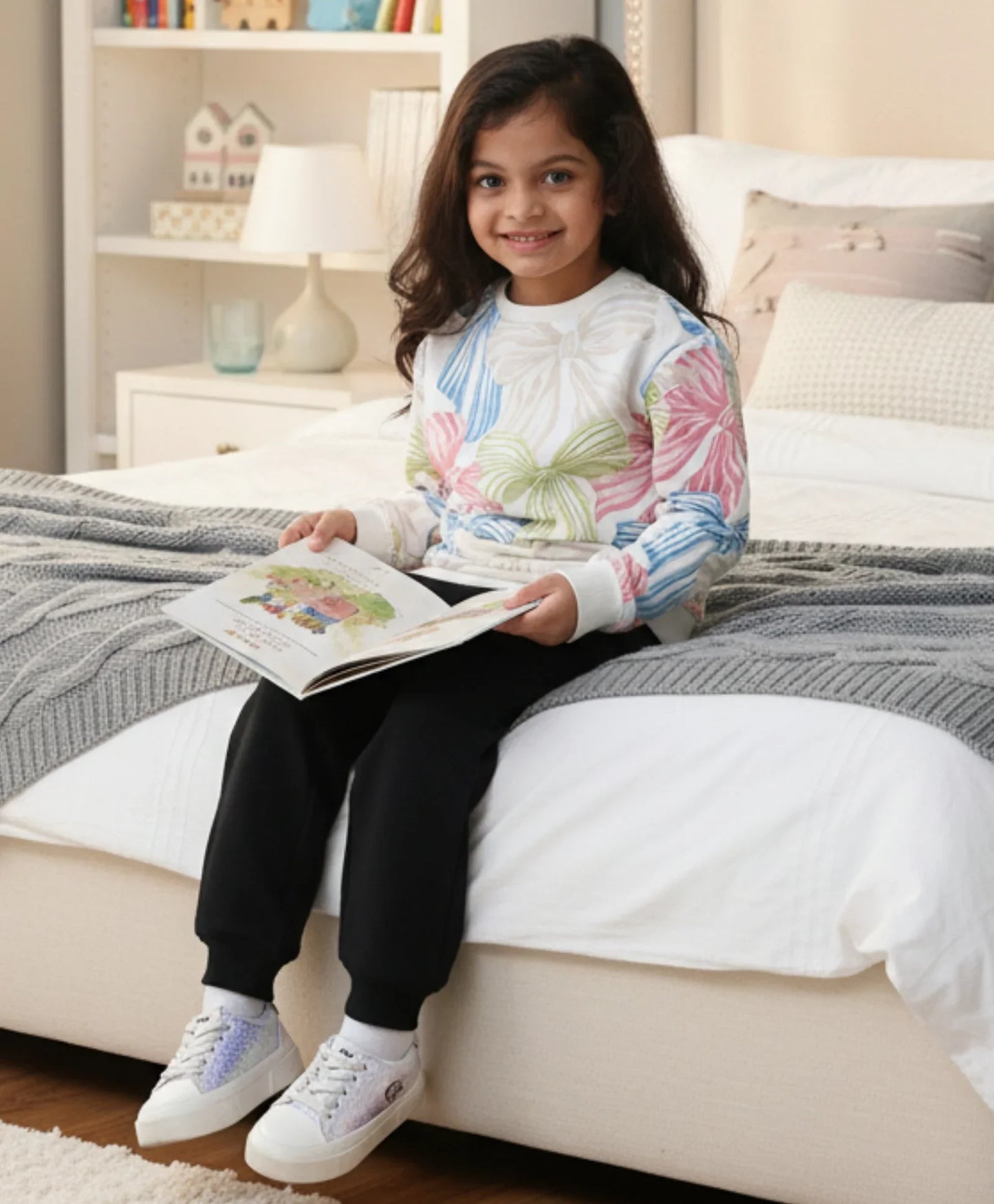 PAINTED BOW GIRLS FLEECE SWEATSHIRT BLACK JOGGER SET - WHITE/BLACK