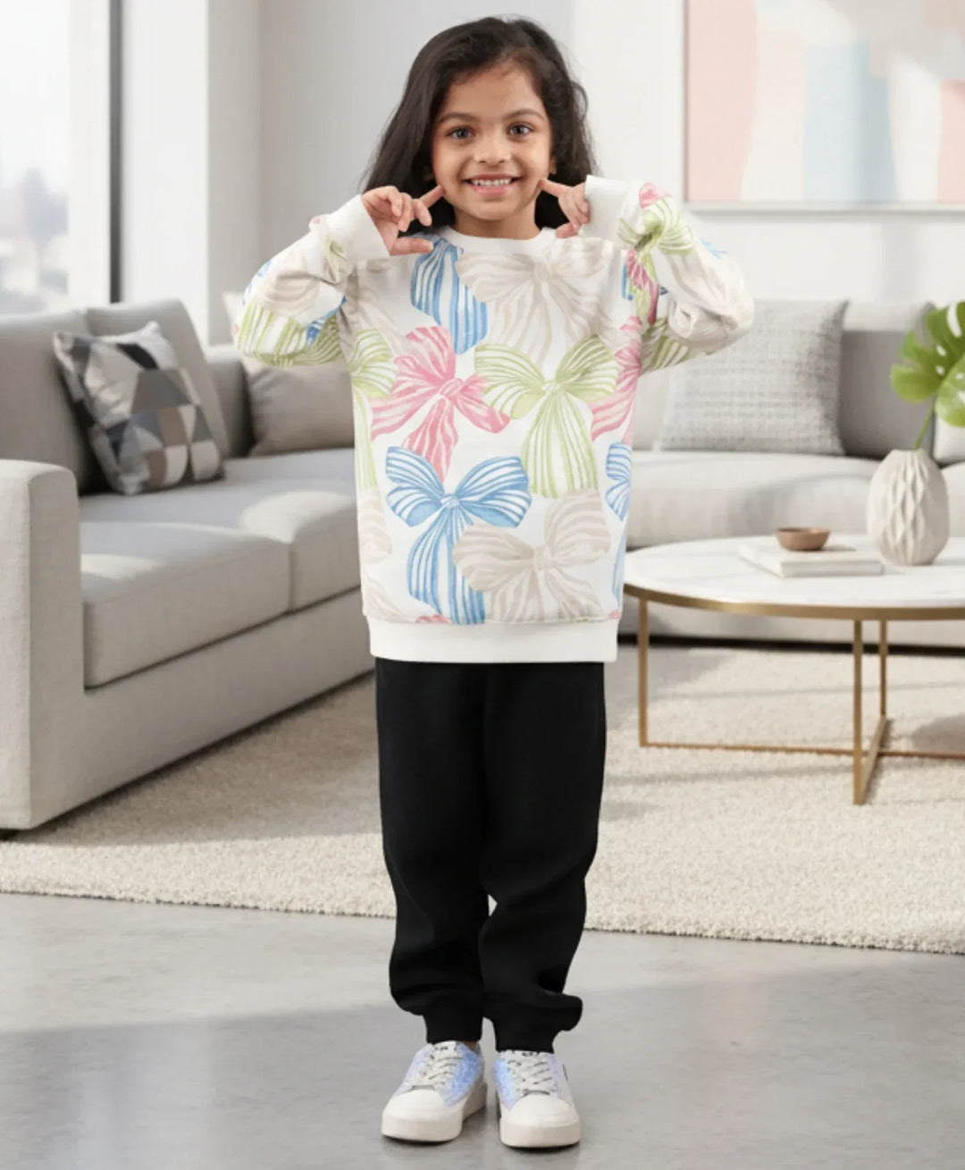 PAINTED BOW GIRLS FLEECE SWEATSHIRT BLACK JOGGER SET - WHITE/BLACK - Anthrilo 