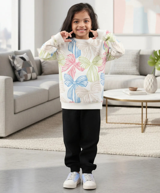 PAINTED BOW GIRLS FLEECE SWEATSHIRT BLACK JOGGER SET - WHITE/BLACK
