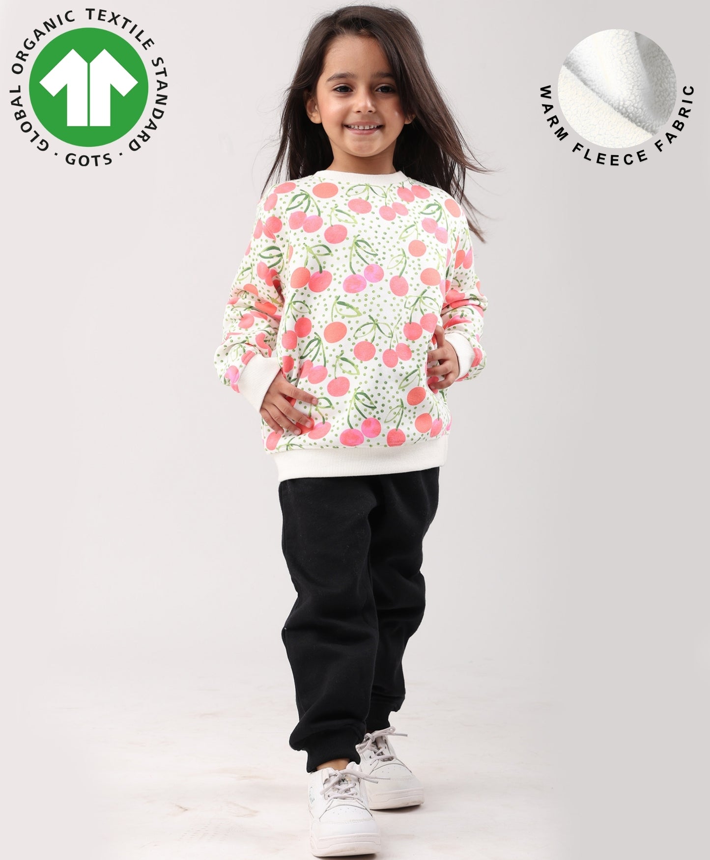 CHERRY LOVE GIRLS FLEECE SWEATSHIRT BLACK JOGGER SET - WHITE/BLACK