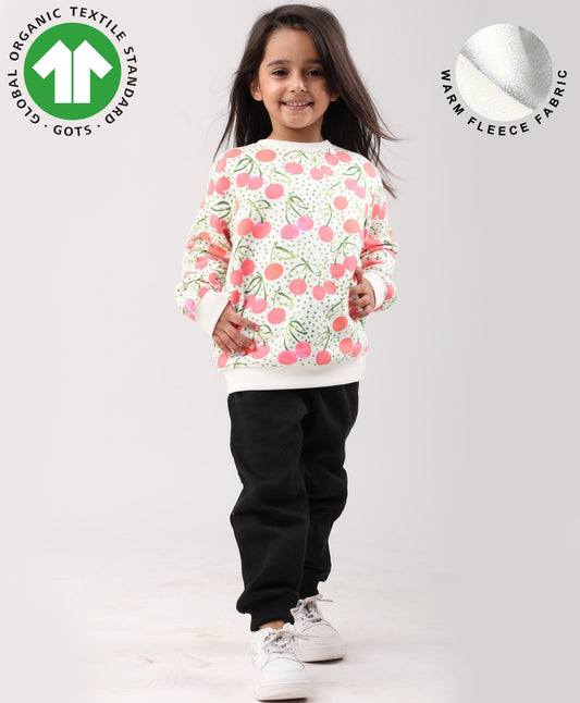 CHERRY LOVE GIRLS FLEECE SWEATSHIRT BLACK JOGGER SET - WHITE/BLACK