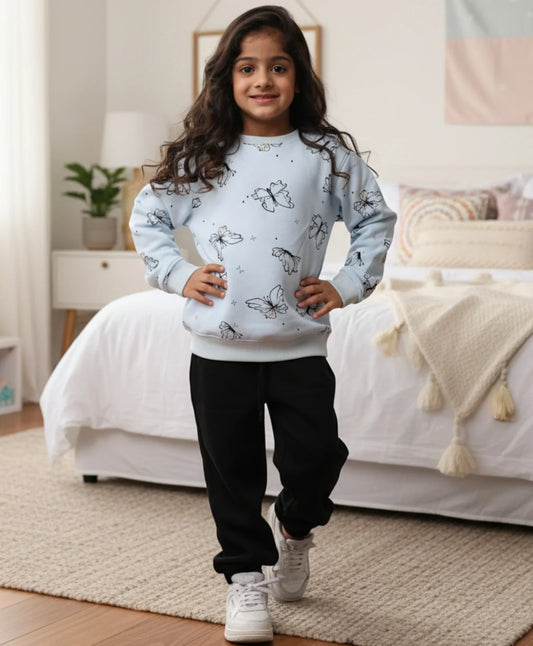 BUTTERFLY BLUE GIRLS FLEECE BLACK JOGGER SET - BLUE/BLACK