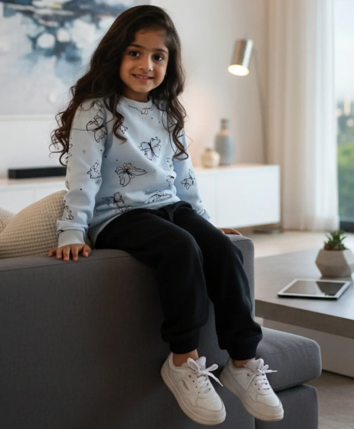 BUTTERFLY BLUE GIRLS FLEECE BLACK JOGGER SET - BLUE/BLACK - Anthrilo 