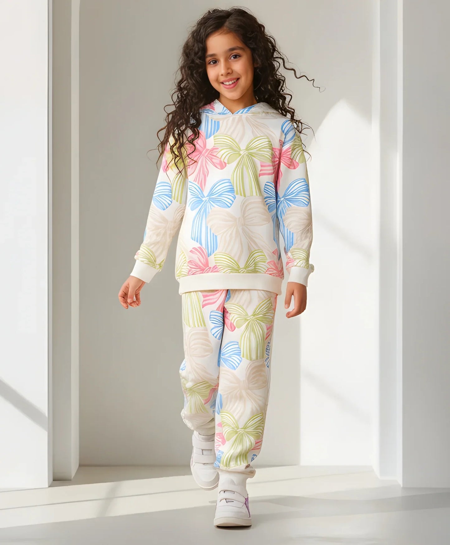 PAINTED BOW GIRLS FLEECE HOODIE JOGGER SET - WHITE