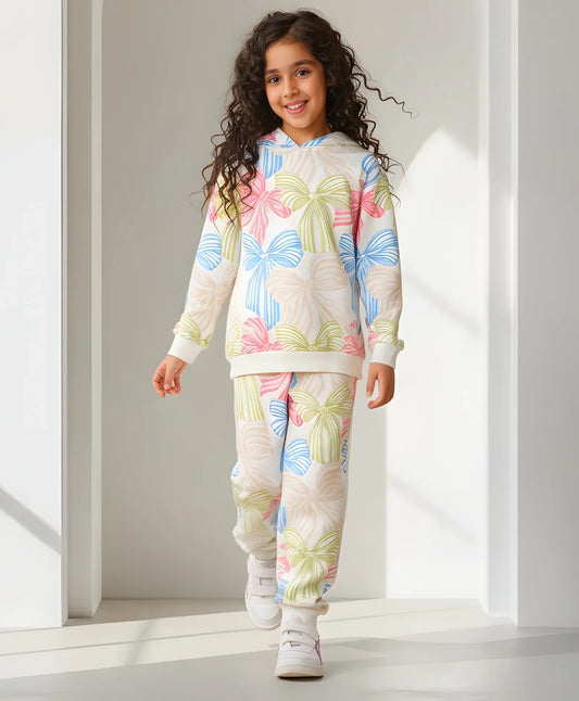 PAINTED BOW GIRLS FLEECE HOODIE JOGGER SET - WHITE