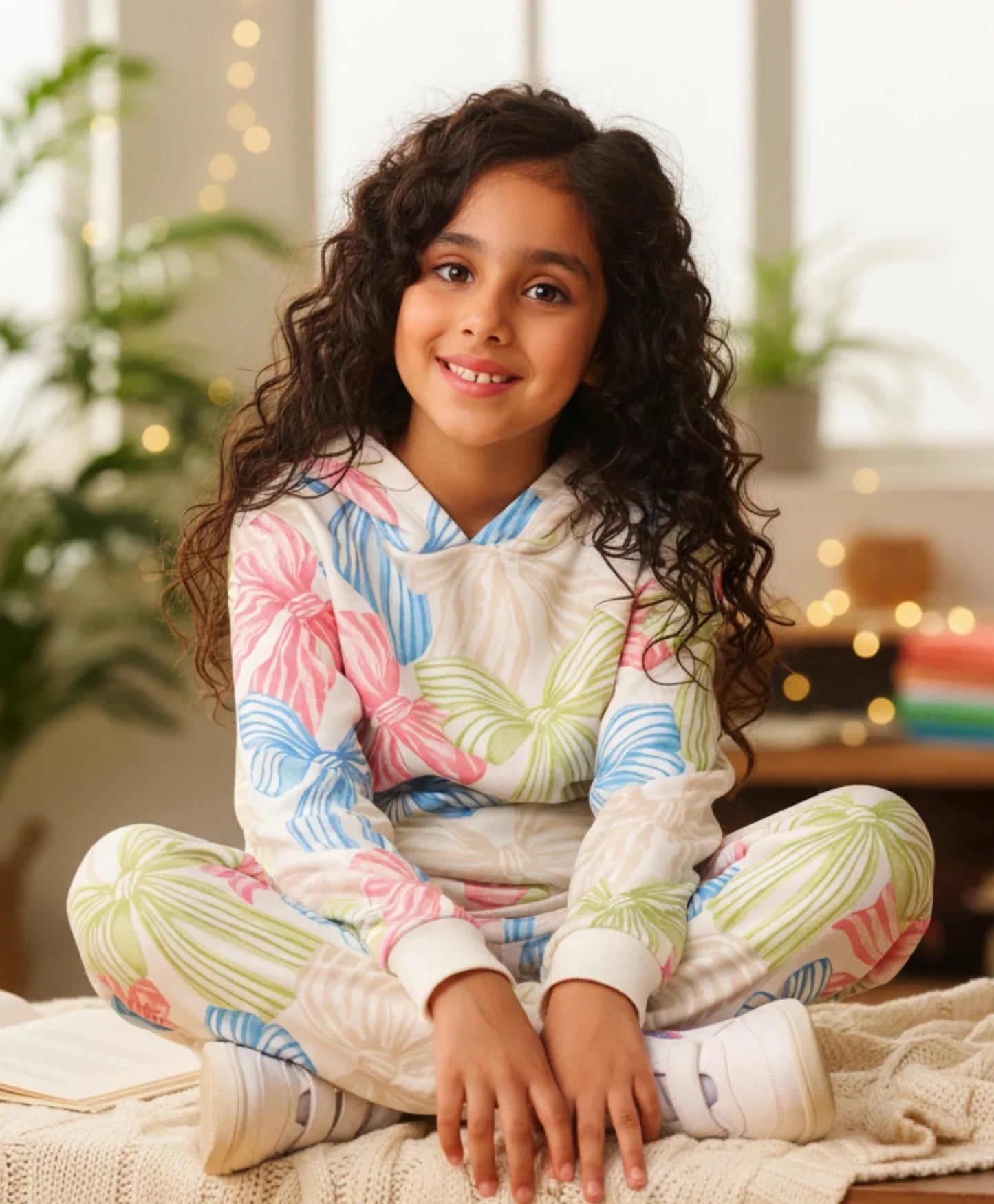 PAINTED BOW GIRLS FLEECE HOODIE JOGGER SET - WHITE