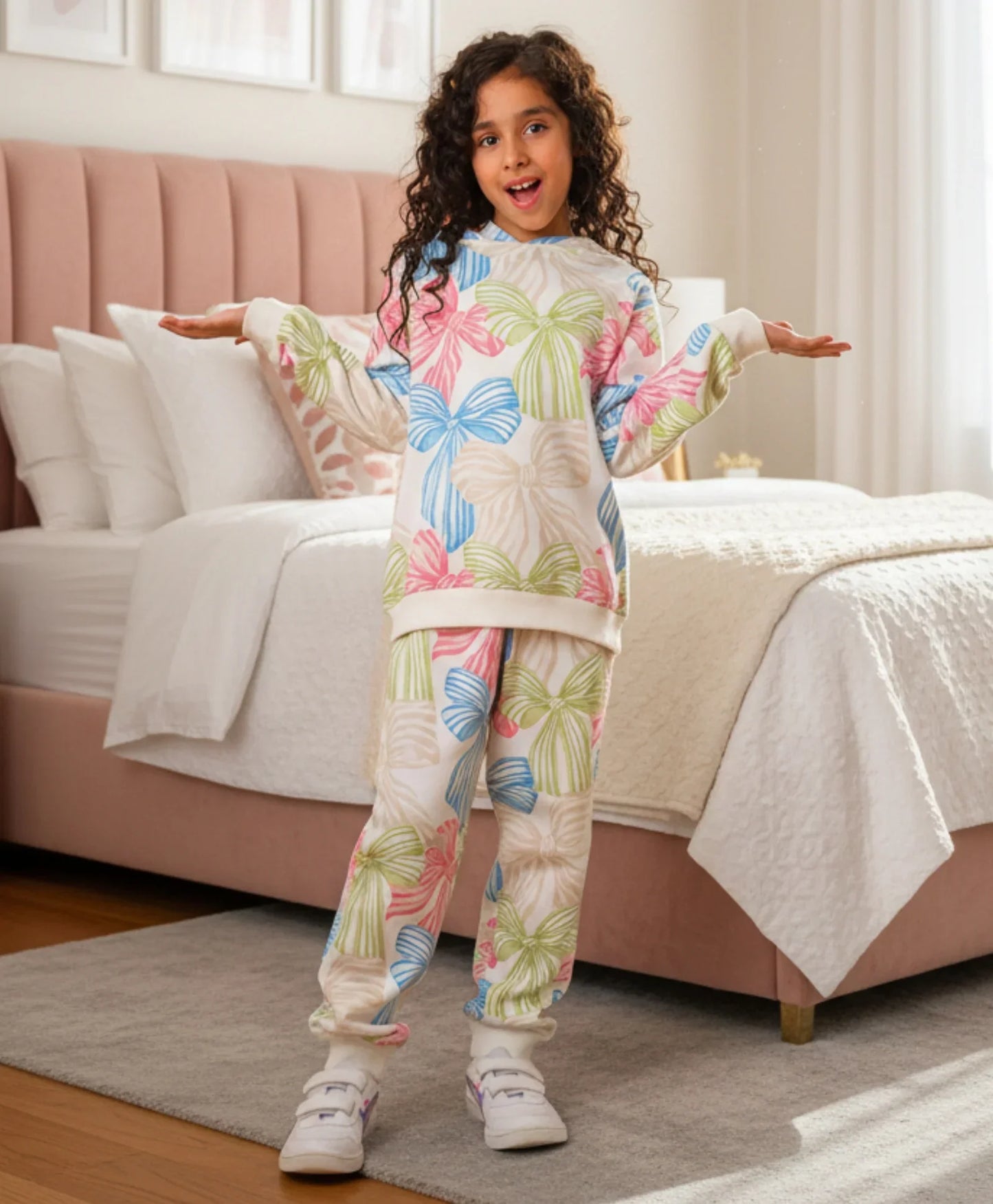PAINTED BOW GIRLS FLEECE HOODIE JOGGER SET - WHITE
