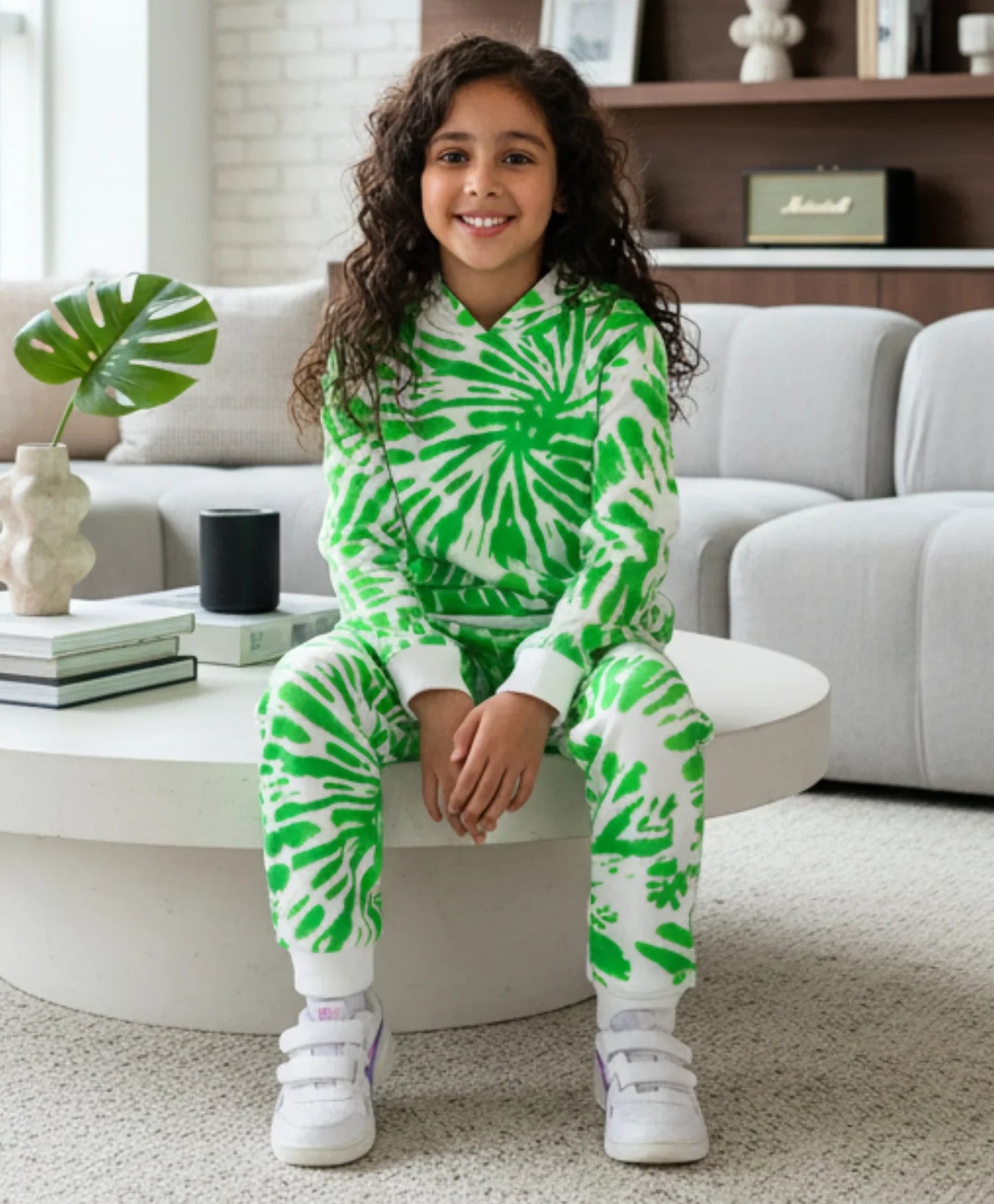 GREEN SWIRL GIRLS FLEECE HOODIE JOGGER SET - GREEN