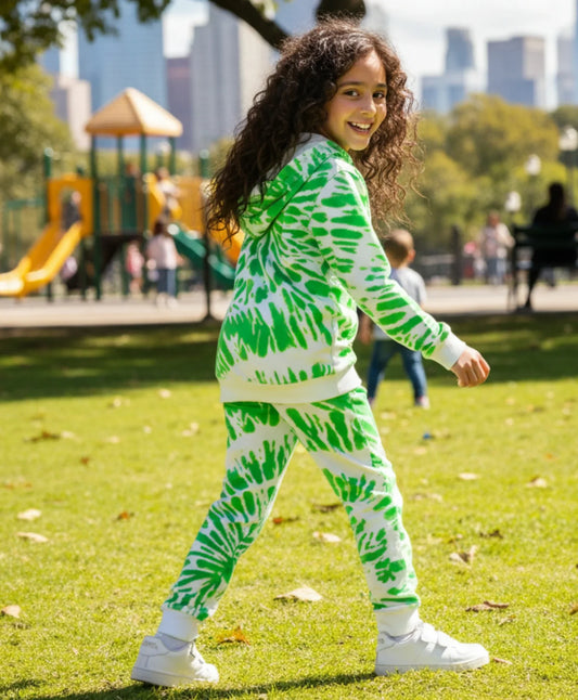 GREEN SWIRL GIRLS FLEECE HOODIE JOGGER SET - GREEN