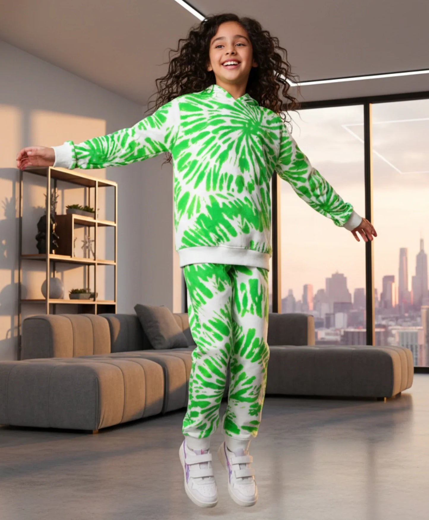 GREEN SWIRL GIRLS FLEECE HOODIE JOGGER SET - GREEN