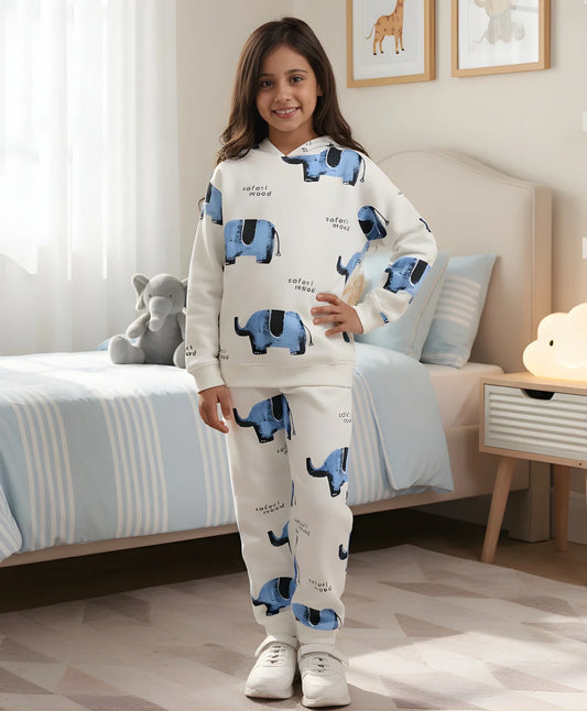 ELEPHANT SAFARI GIRLS FLEECE HOODIE JOGGER SET - WHITE