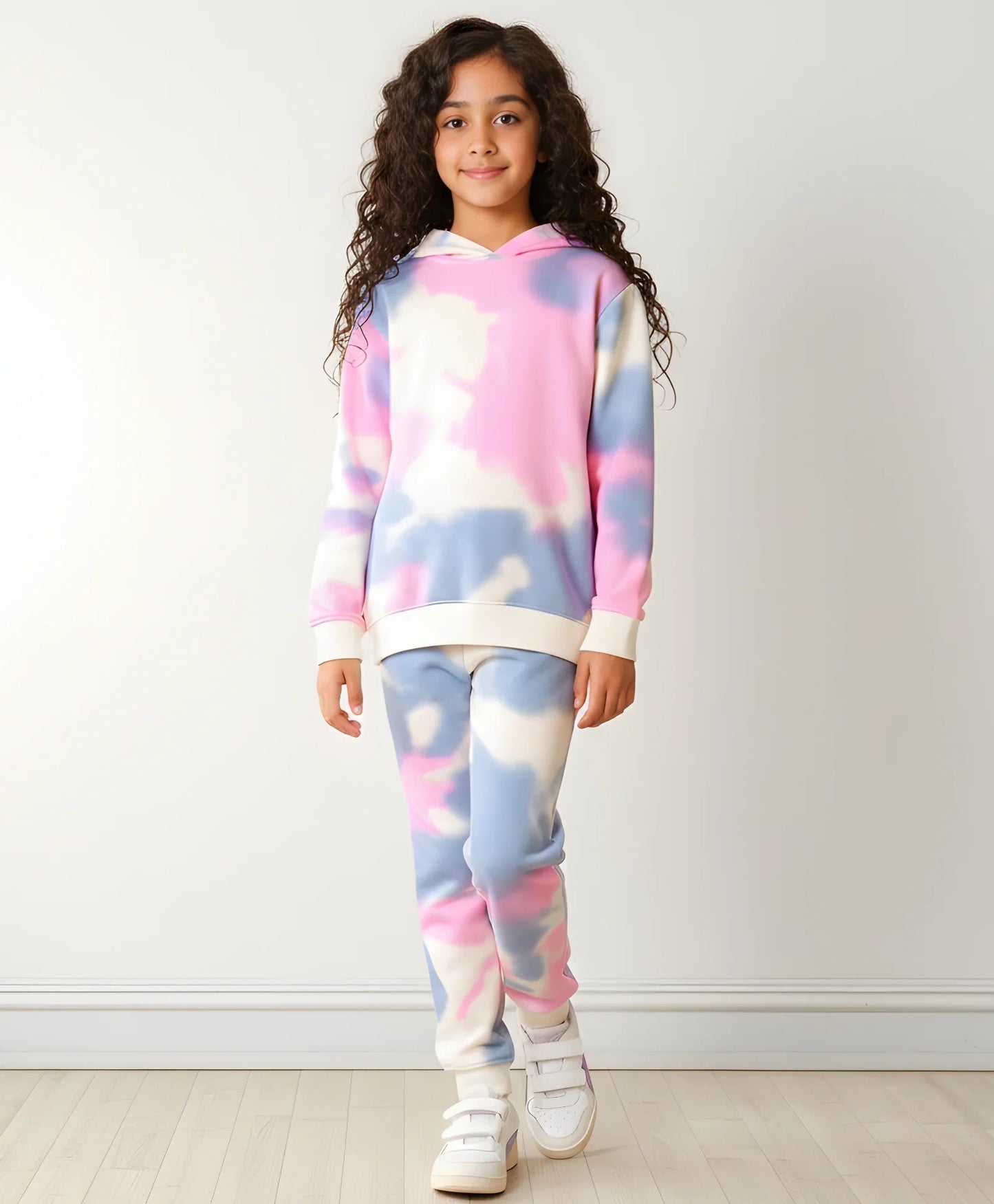BLUE PINK TIE DYE GIRLS FLEECE HOODIE JOGGER SET - WHITE