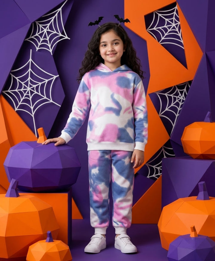BLUE PINK TIE DYE GIRLS FLEECE HOODIE JOGGER SET - WHITE