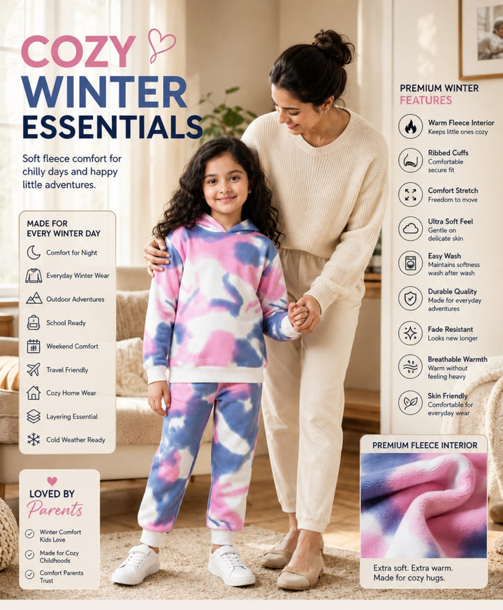BLUE PINK TIE DYE GIRLS FLEECE HOODIE JOGGER SET - WHITE