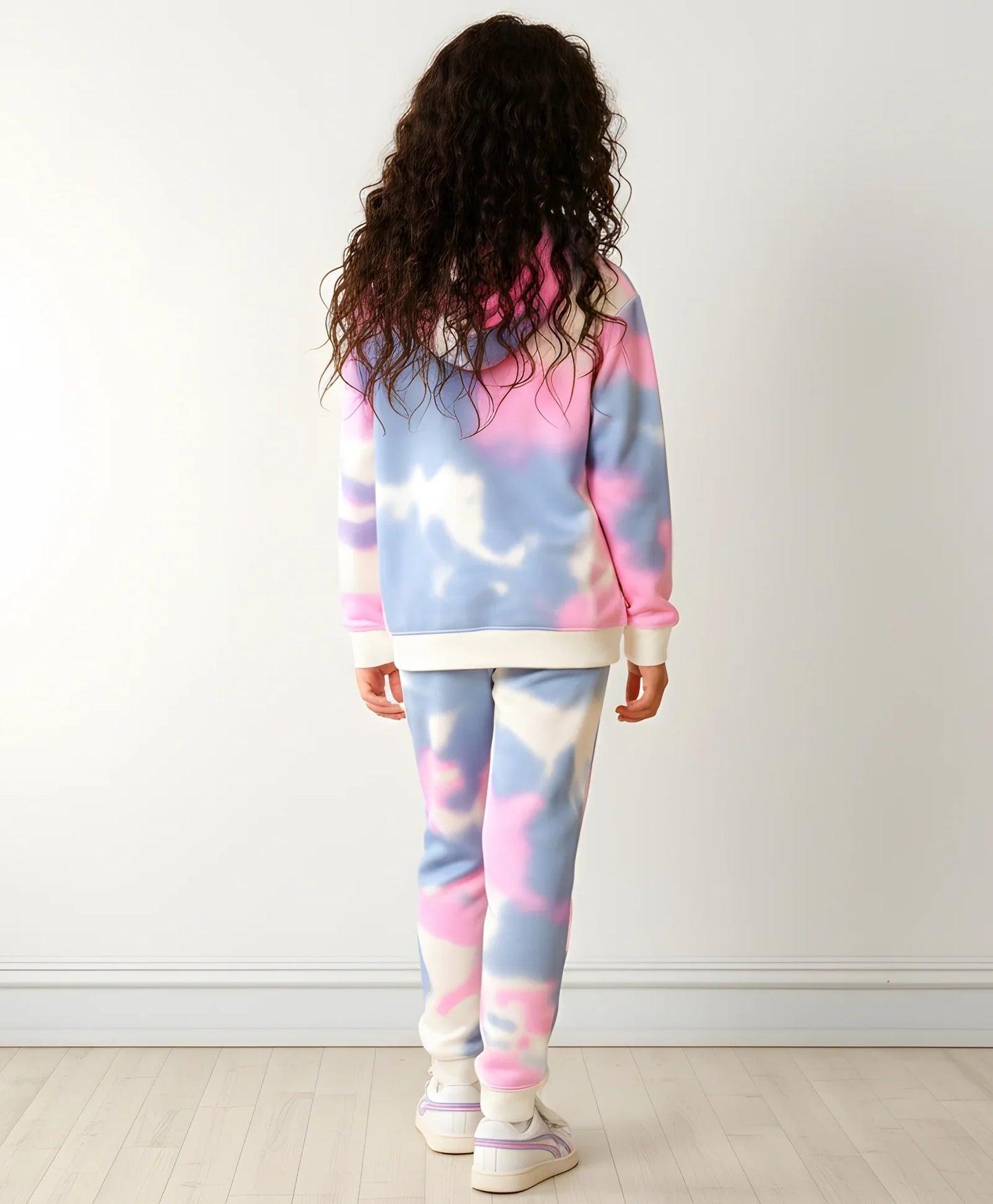 BLUE PINK TIE DYE GIRLS FLEECE HOODIE JOGGER SET - WHITE