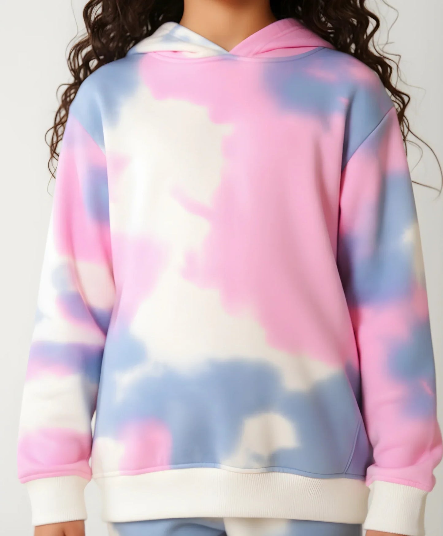 BLUE PINK TIE DYE GIRLS FLEECE HOODIE JOGGER SET - WHITE